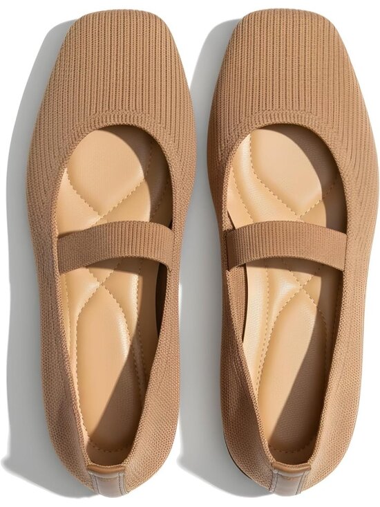 Shoes - Women's Brown Mesh Comfortable Elastic Strap Casual Square Toe Ballet Flat Shoes